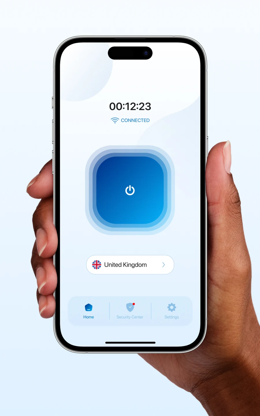 VPN Safely on an iPhone: a session timer, the word Connected, the connect button, and United Kingdom as the selected location.