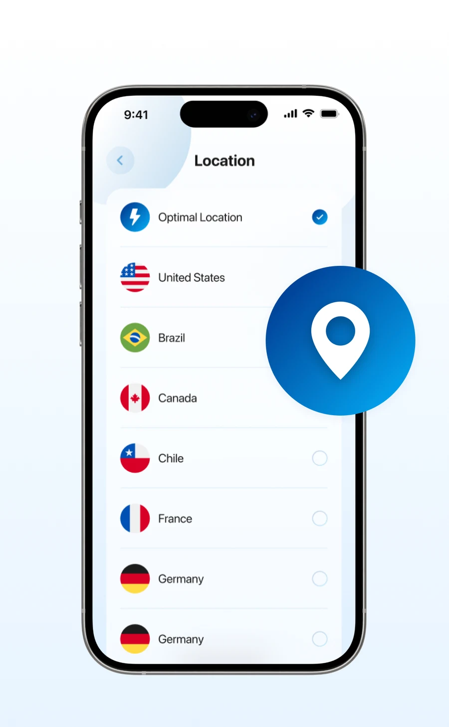 The location list in VPN Safely on an iPhone: Optimal Location selected, followed by United States, Brazil, Canada, Chile, France and Germany.
